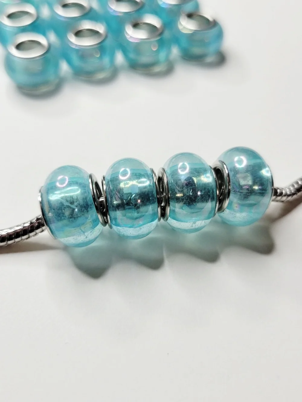 New! 16 Gorgeous Aqua Blue Translucent AB Round European Charm Beads For Pandora